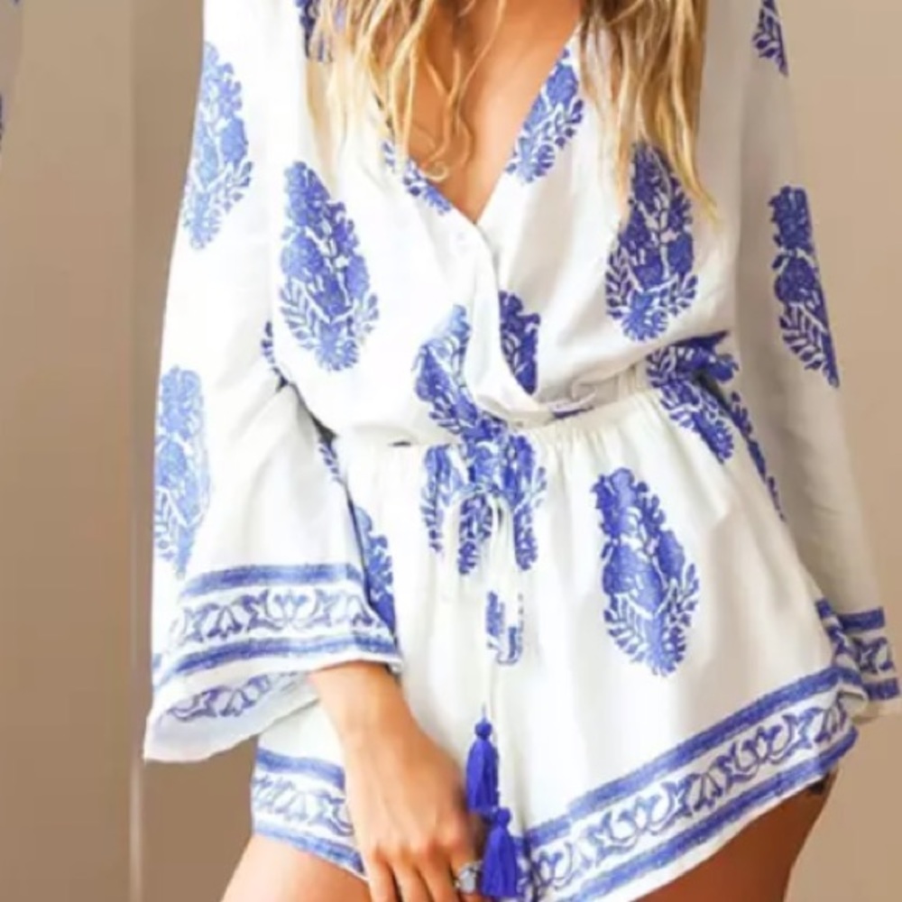 Bohemian Print Romper blue and white - Picture 2 of 4